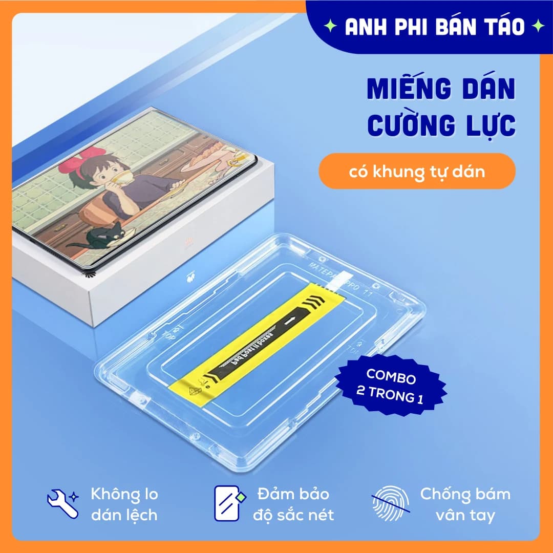 Miếng Dán Cường Lực Có Khung Cố Định Tự Dán Phủ Nano Hạn Chế Bám Vân Tay Dành Cho Máy Tính Bảng
